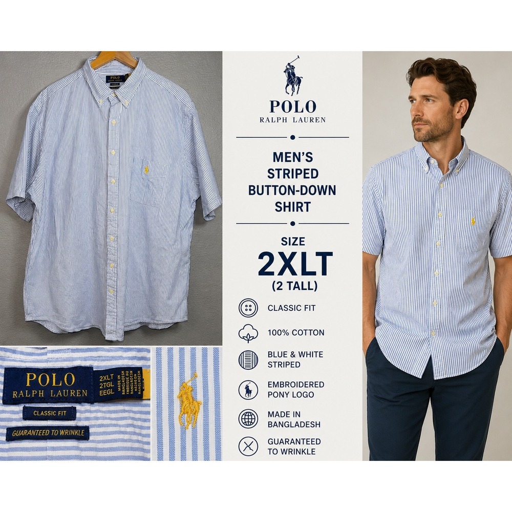 Polo Ralph Lauren Seersucker Striped Shirt Mens 2XLT Blue White Short Sleeve